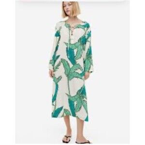 H&M Women’s Green Floral Print Kaftan Dress Sz M Novelty Print Beach Resortwear